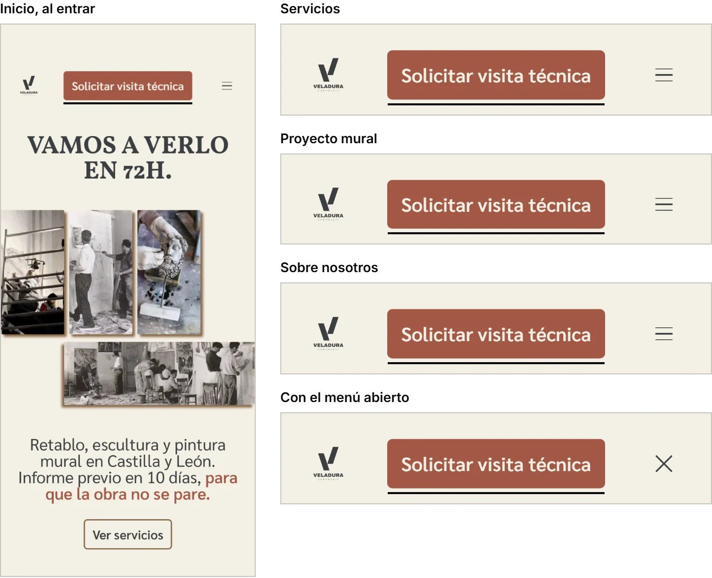 La web de Veladura en móvil. A la izquierda, la portada al entrar. A la derecha, la cabecera en cuatro momentos (servicios, proyecto mural, sobre nosotros y con el menú abierto): el botón “Solicitar visita técnica” está en todas.