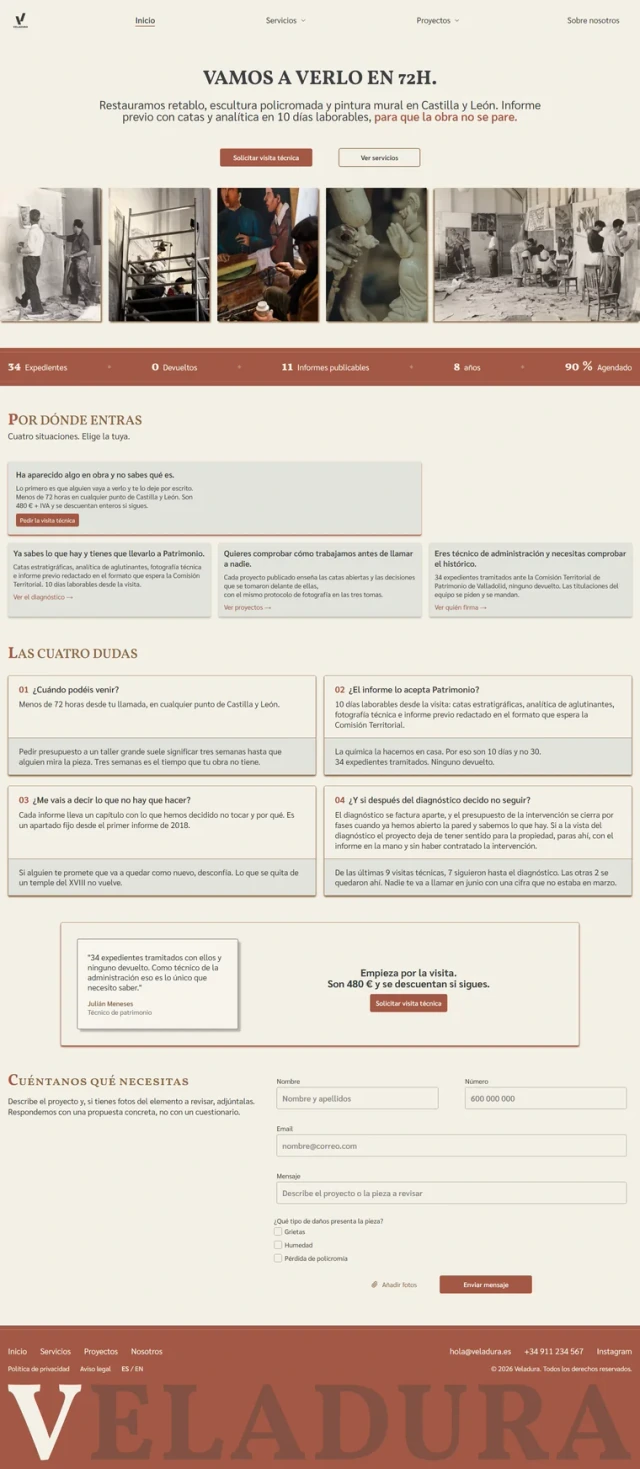 Página de inicio publicada: portada, triaje de cuatro situaciones, las cuatro dudas y el formulario.