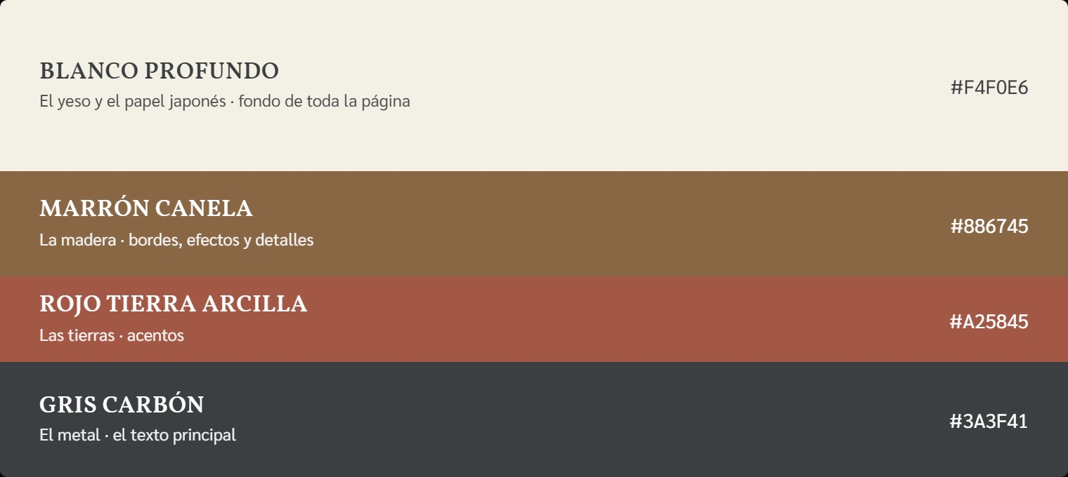 Paleta de Veladura en cuatro bandas: blanco profundo #F4F0E6, marrón canela #886745, rojo tierra arcilla #A25845 y gris carbón #3A3F41.