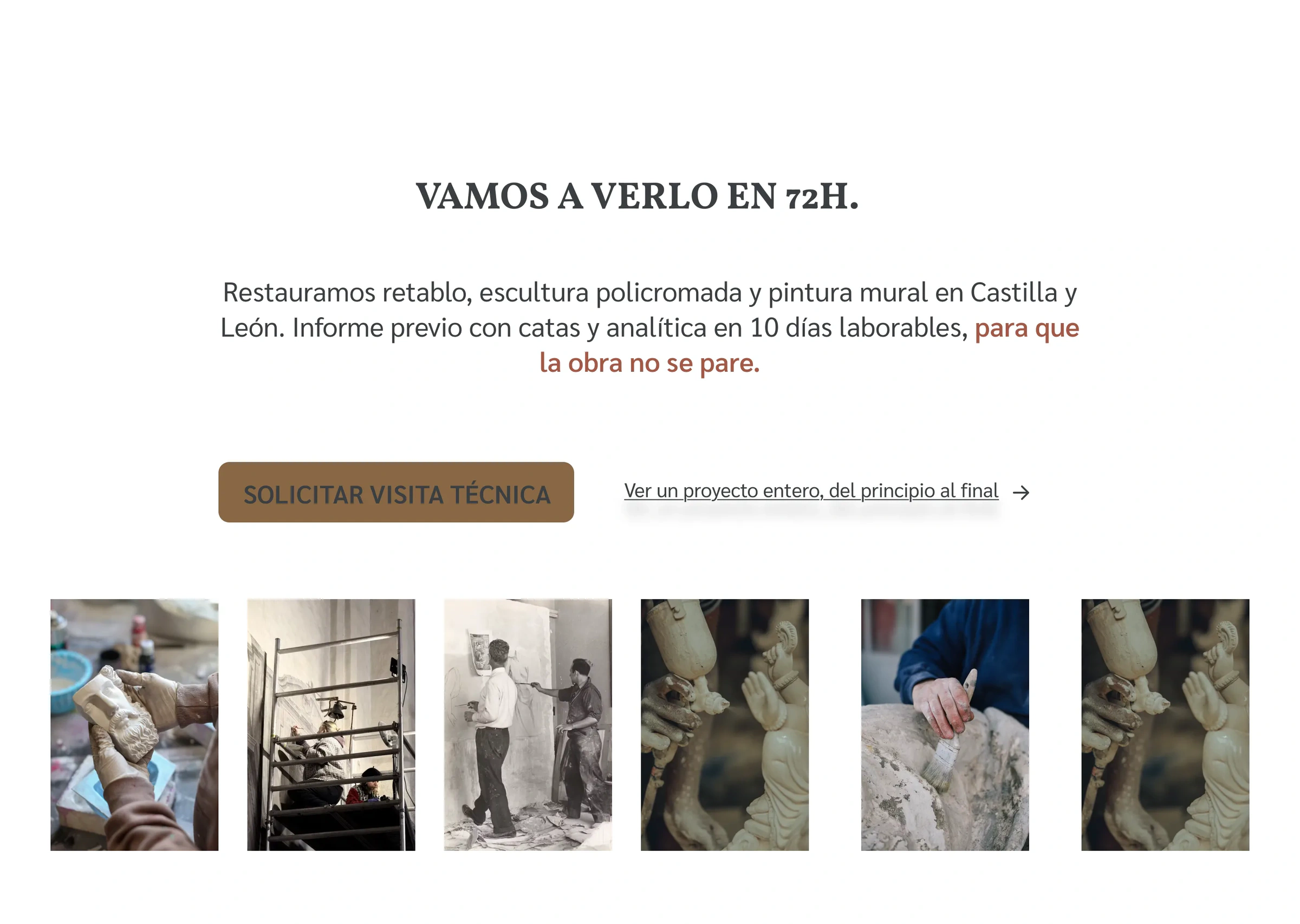 Versión 5: fondo blanco, titular y subtítulo centrados, botón marrón y una fila de seis fotos pequeñas debajo.