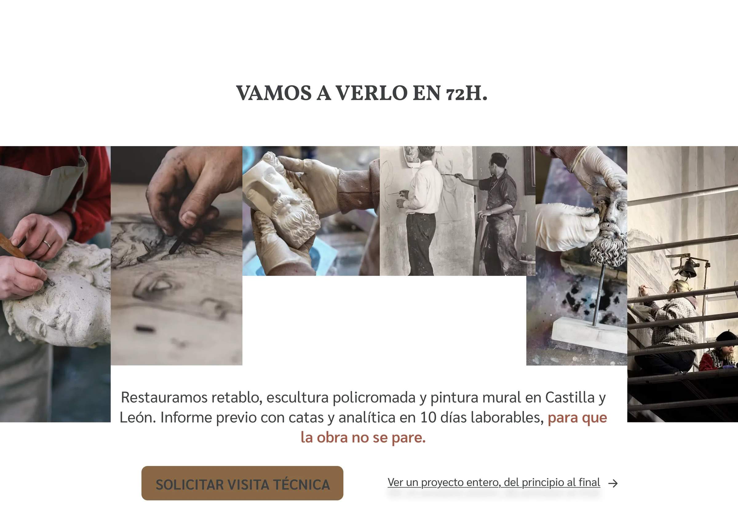 Versión 8: el titular arriba y un mosaico de fotos grandes que rodea el subtítulo; el botón queda al final.