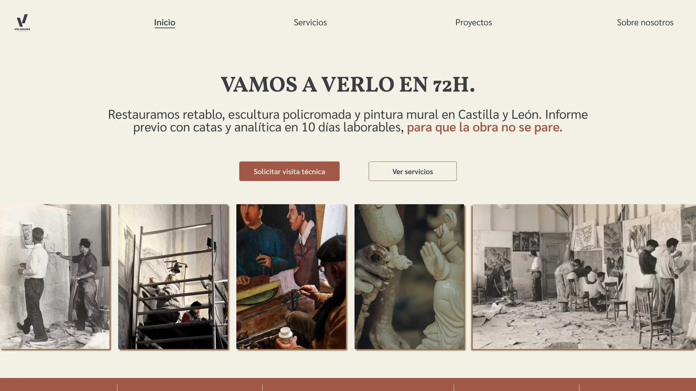 Portada definitiva: fondo blanco profundo, menú, titular, subtítulo, dos botones en rojo tierra y una tira de fotos enmarcadas.
