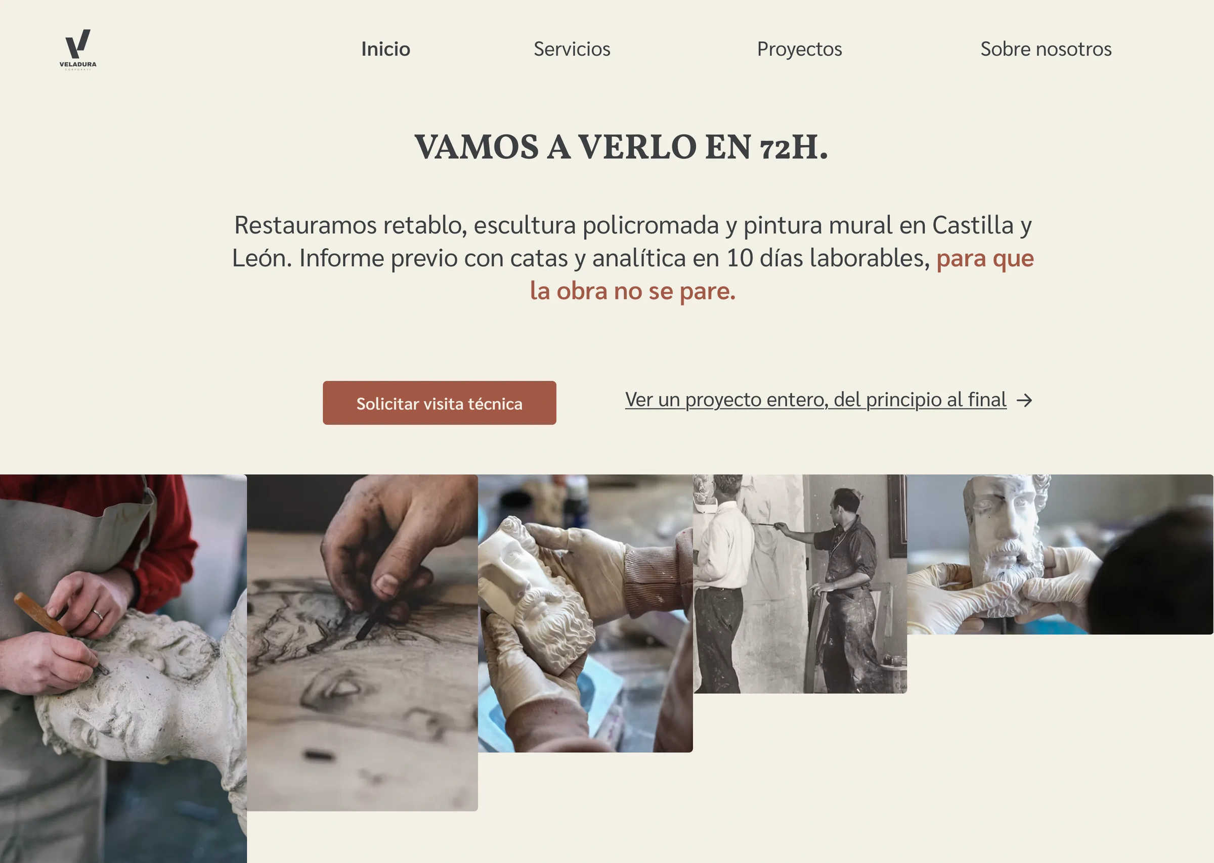 Versión 12: mismo texto y botón rojo tierra, con las fotos en escalera, sin marco, bajo los botones.