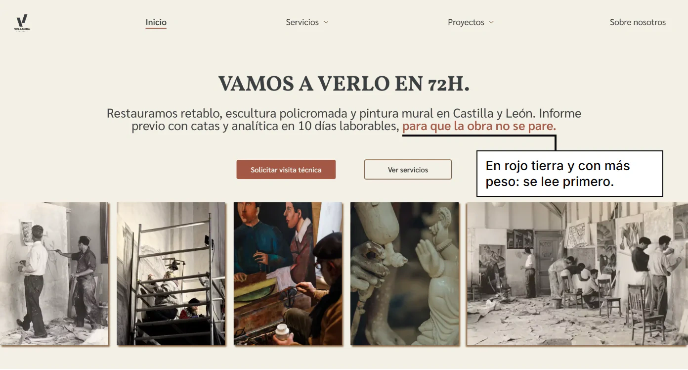 Portada de Veladura: titular “VAMOS A VERLO EN 72H.” y subtítulo con “para que la obra no se pare” en rojo tierra. Una nota señala esa frase: “En rojo tierra y con más peso: se lee primero”.