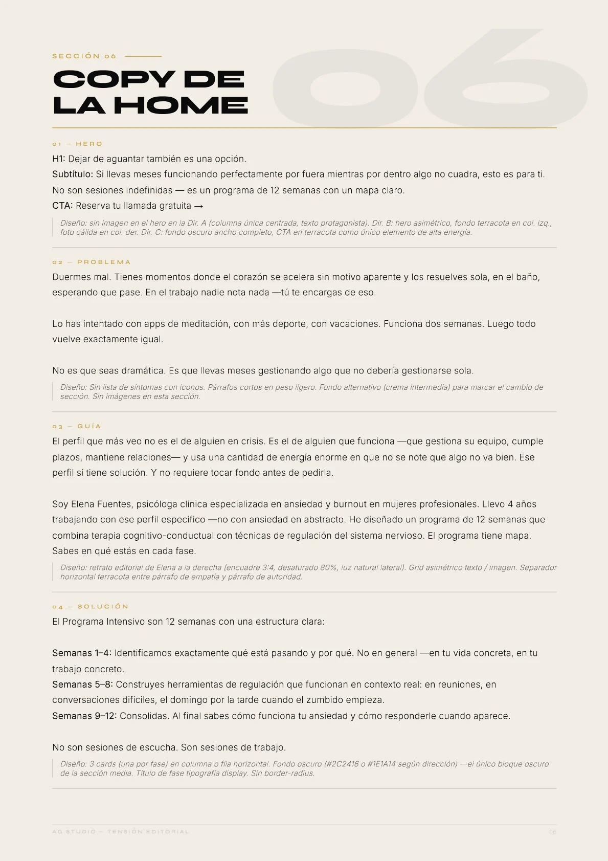 Dra. Elena Fuentes — 06 · Copy de la home: «Dejar de aguantar también es una opción.»