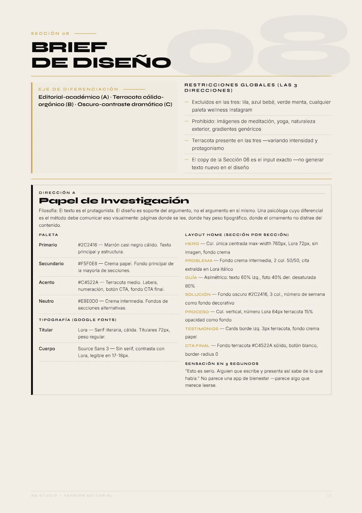 Dra. Elena Fuentes — 09 · Brief de diseño: Tres direcciones. Una sola restricción para las tres: nada de wellness de Instagram.
