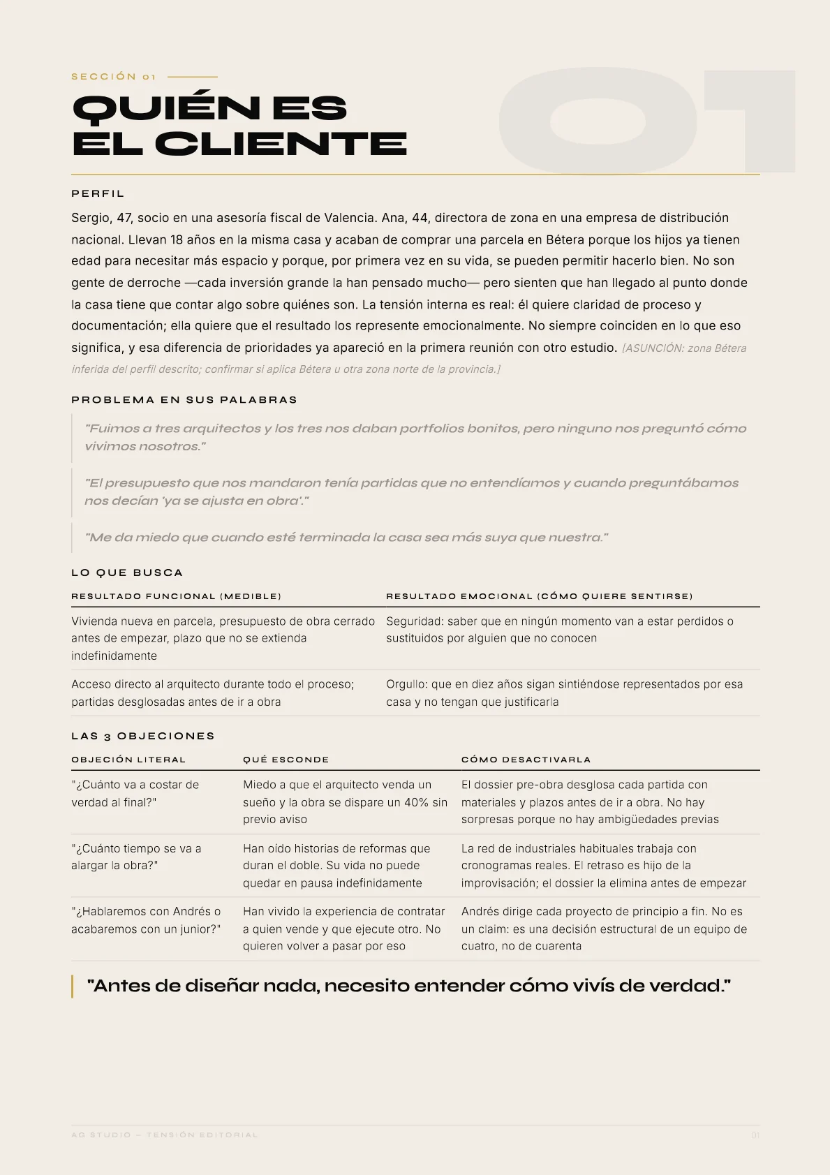 Molina Arquitectos — 01 · El cliente: Sergio y Ana no temen el coste. Temen no entender qué están comprando.