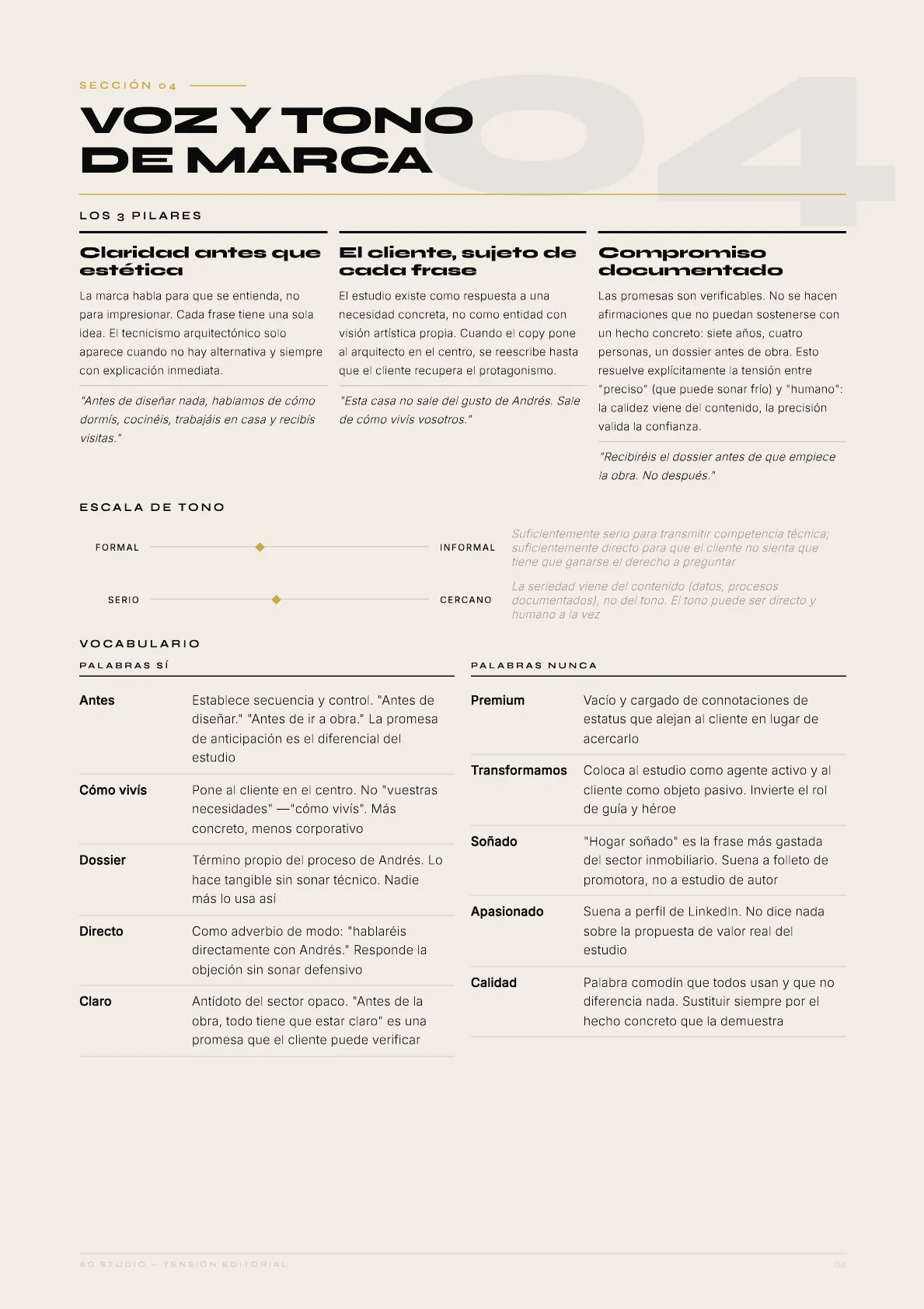 Molina Arquitectos — 04 · El tono: Claridad antes que estética. El cliente, sujeto de cada frase.