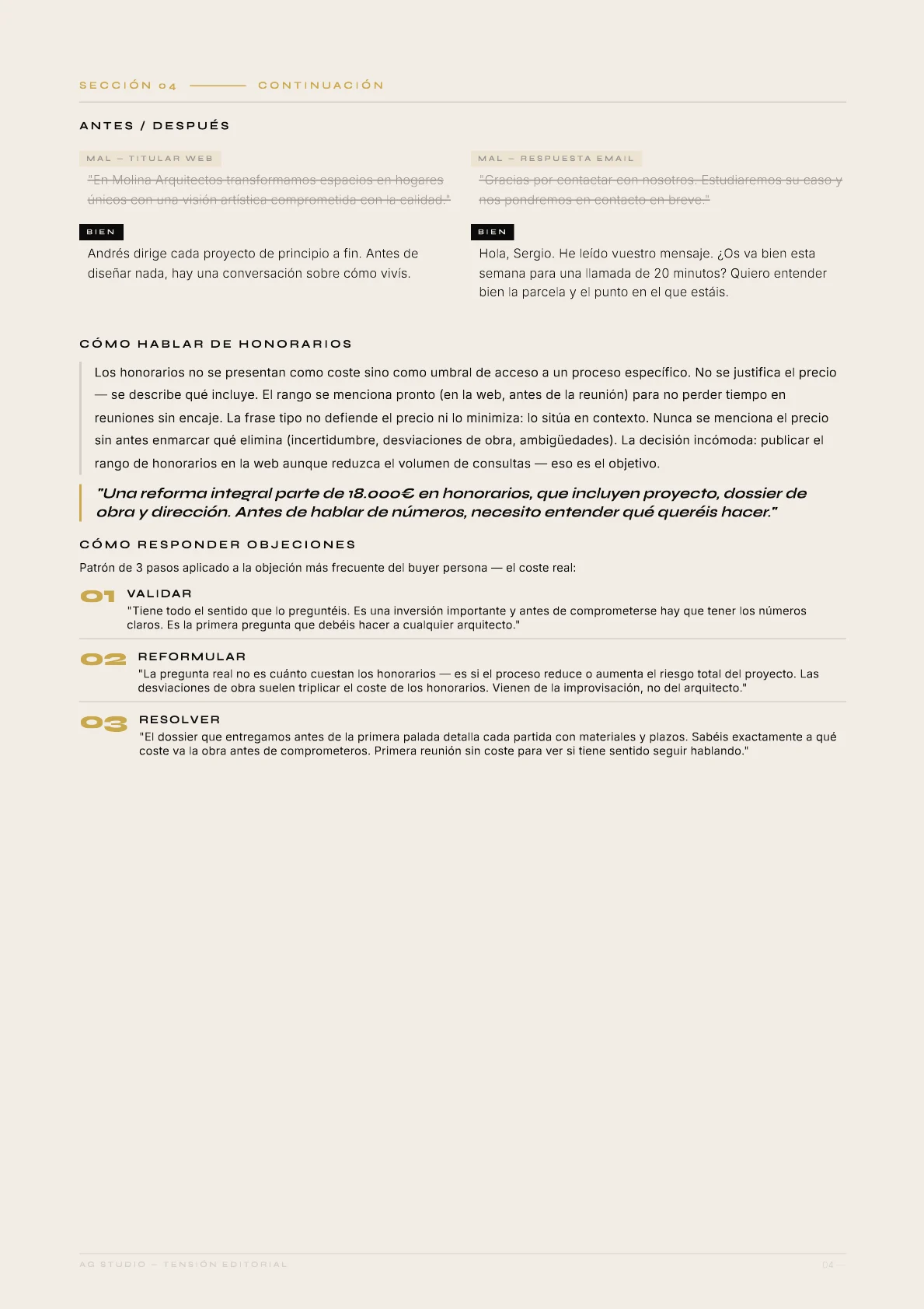 Molina Arquitectos — 05 · Antes y después: El título web que estaba mal. Y la frase exacta que lo reemplaza.