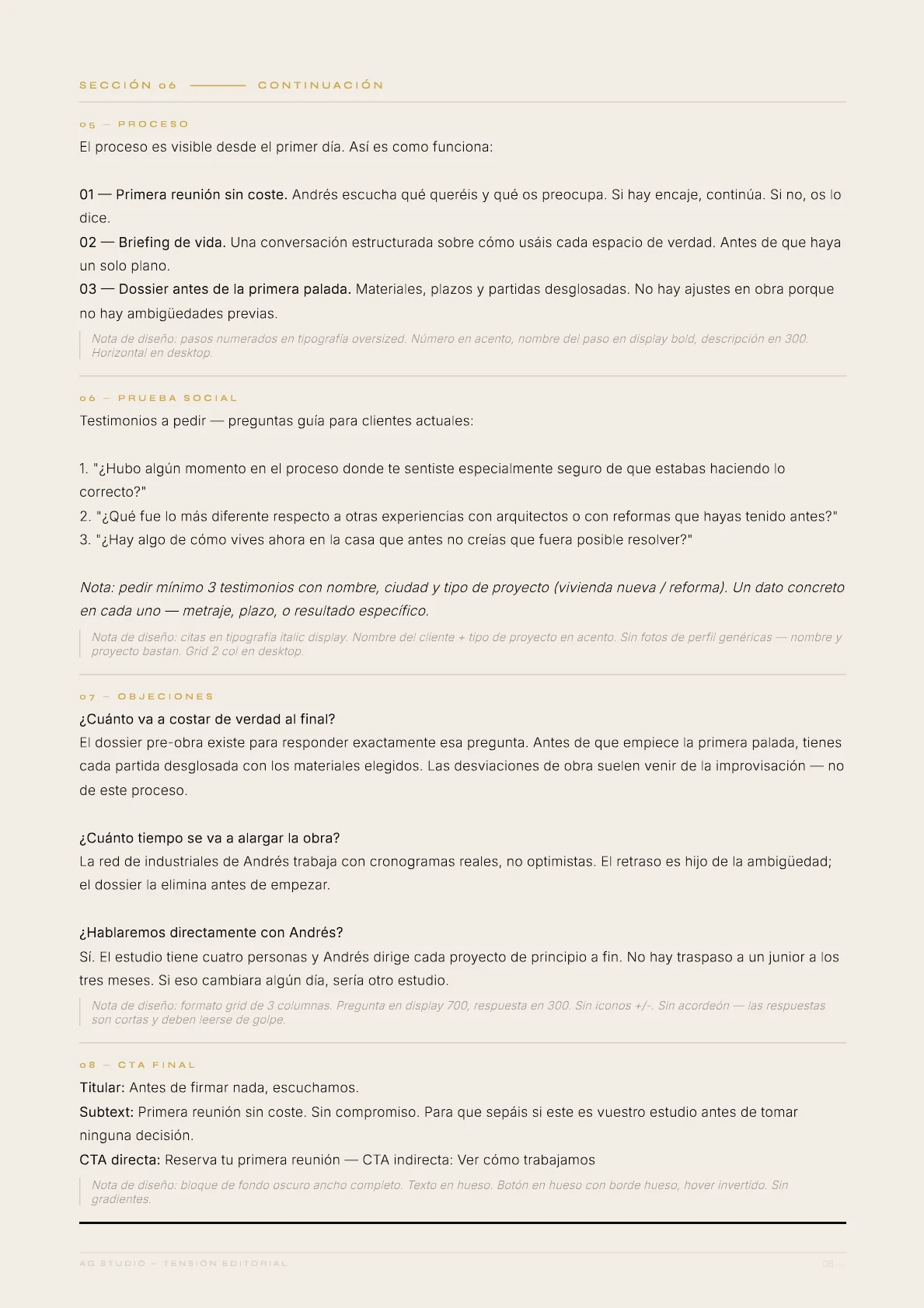 Molina Arquitectos — 07 · Proceso y objeciones: Tres pasos y tres preguntas que el cliente ya tiene en la cabeza.