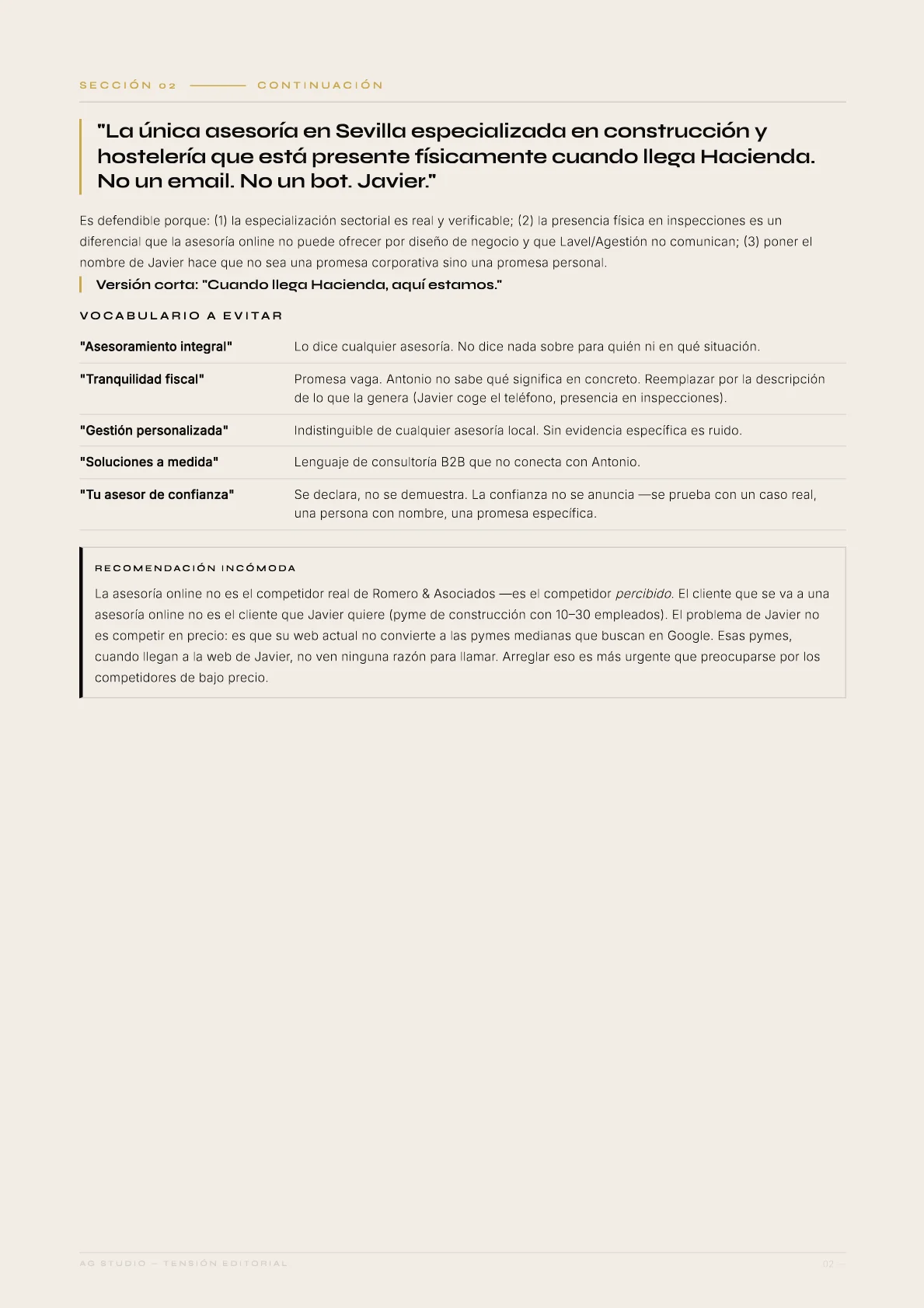 Romero & Asociados — 02 · La brecha: La frase de posicionamiento que ningún competidor puede copiar sin comprometerse.