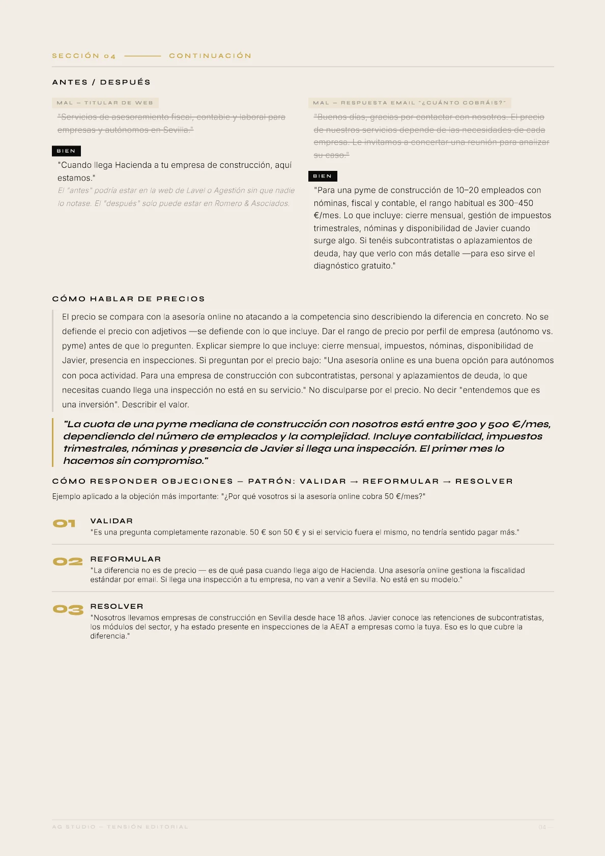 Romero & Asociados — 06 · Precios y objeciones: El precio se dice con exactitud. Las objeciones, con un patrón.
