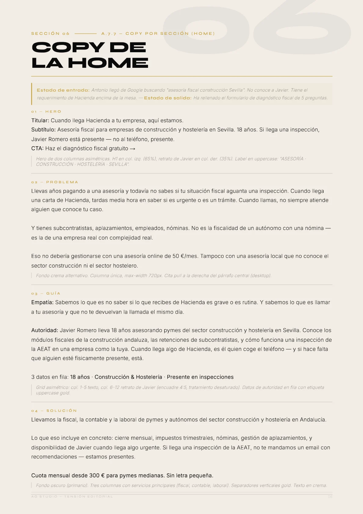 Romero & Asociados — 07 · Copy de la home: El copy de la home, sección a sección.