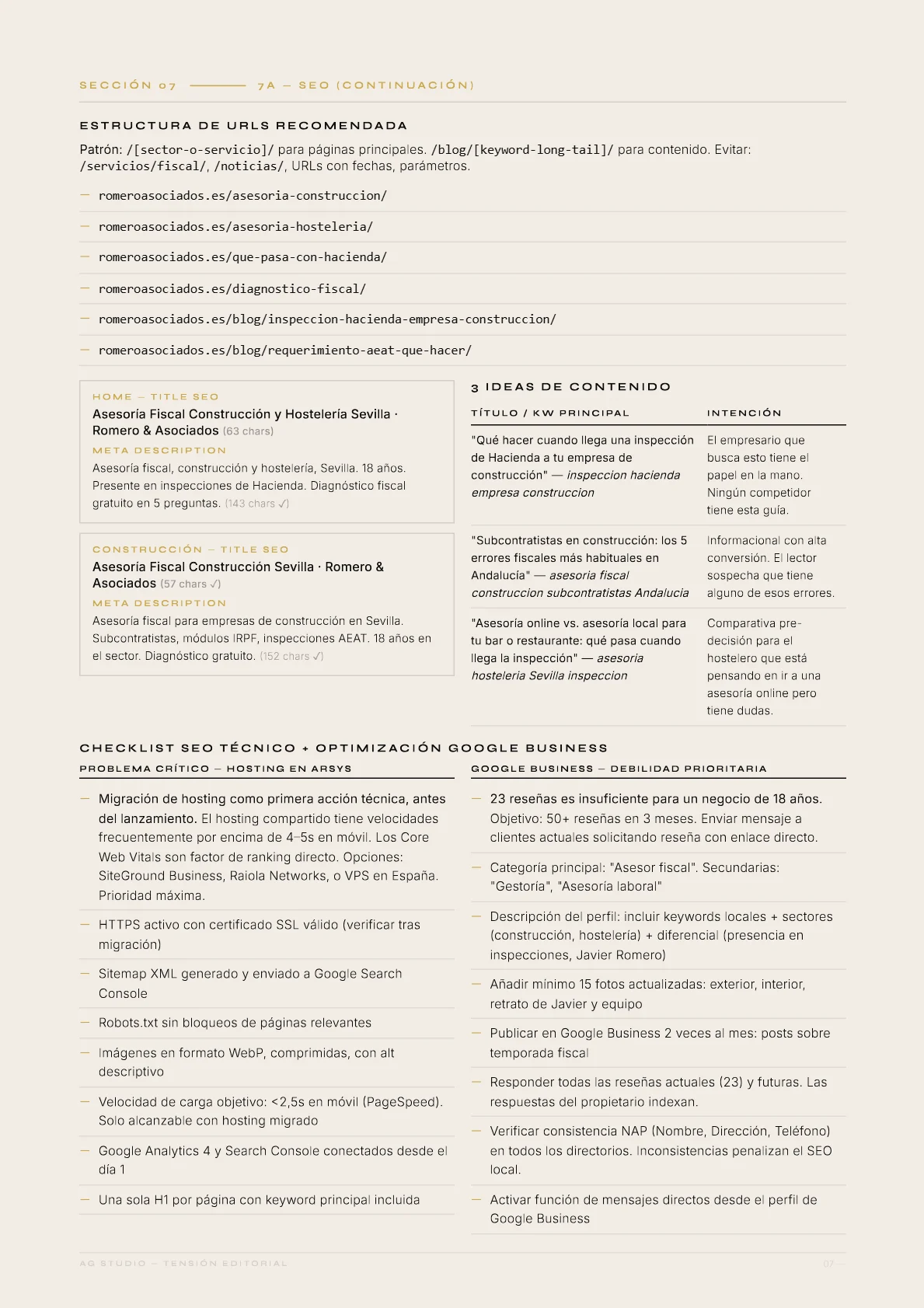 Romero & Asociados — 10 · SEO en detalle: Estructura de URLs, metas y contenido que no es relleno.