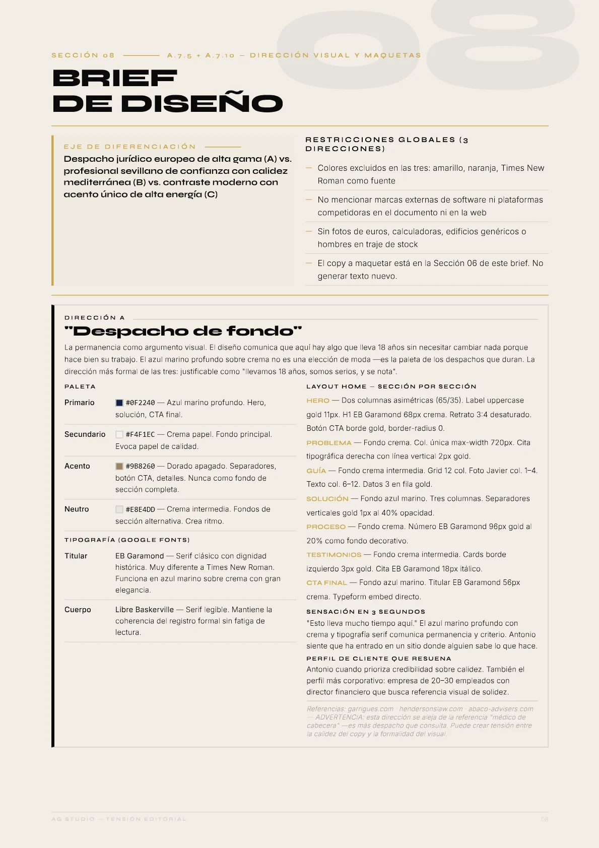 Romero & Asociados — 13 · Brief de diseño: La paleta que comunica criterio antes de que el cliente lea una sola línea.