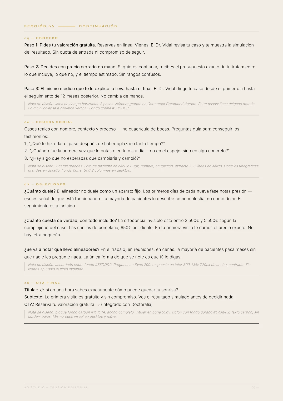 Clínica Vidal Dental — 08 · Proceso, objeciones y CTA: Tres pasos. Tres objeciones. Un único botón al final.