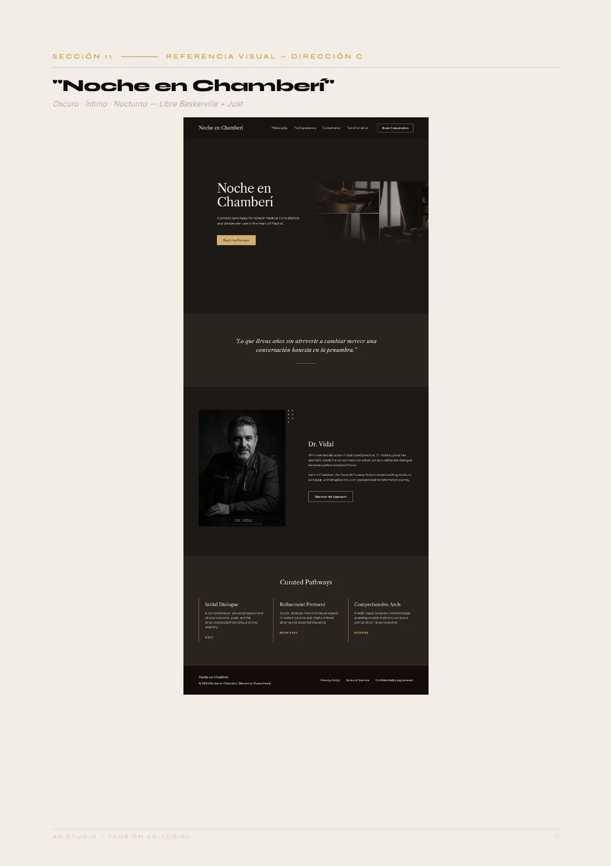 Clínica Vidal Dental — 13 · Referencia visual C: «Noche en Chamberí»: oscuro, íntimo, nocturno.