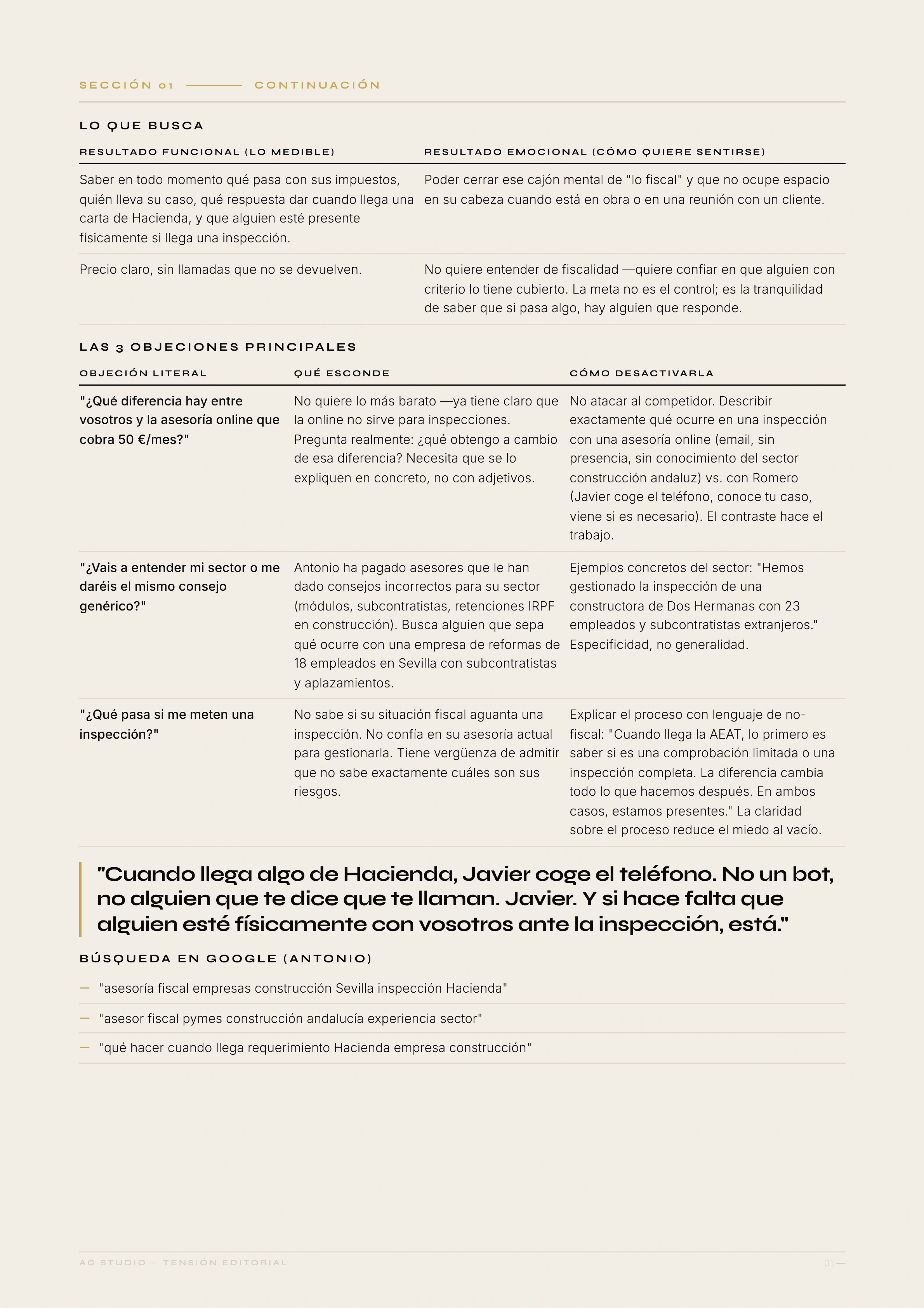 Quién es el cliente — página interior del documento de estrategia AG Studio