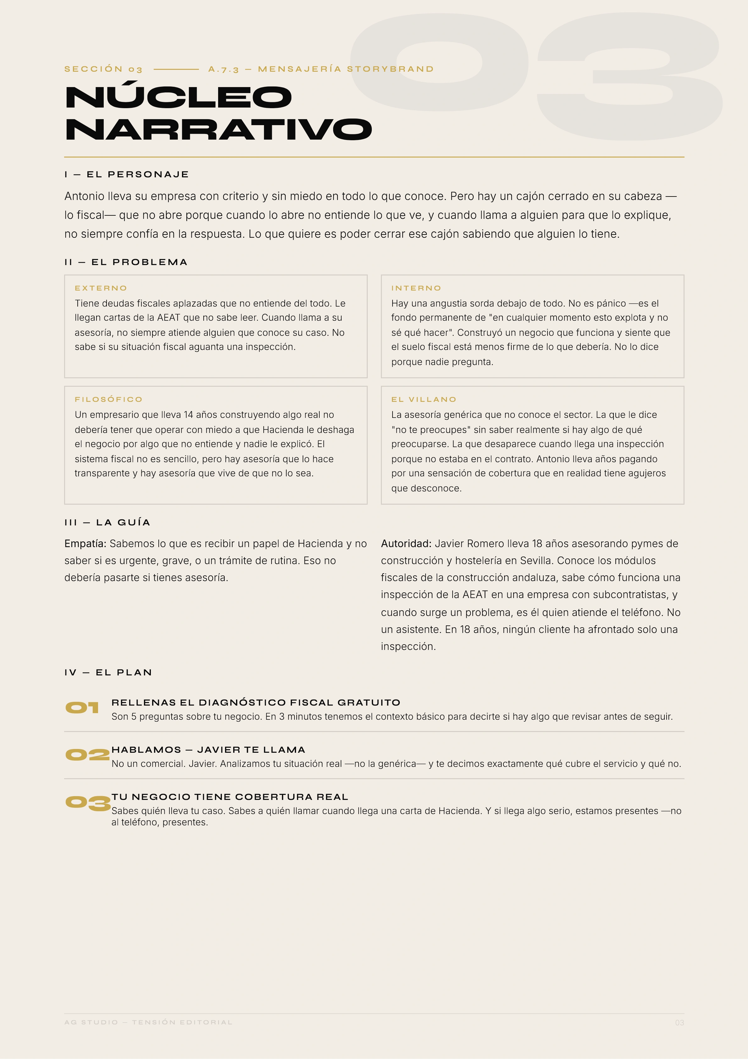 Núcleo narrativo — página interior del documento de estrategia AG Studio