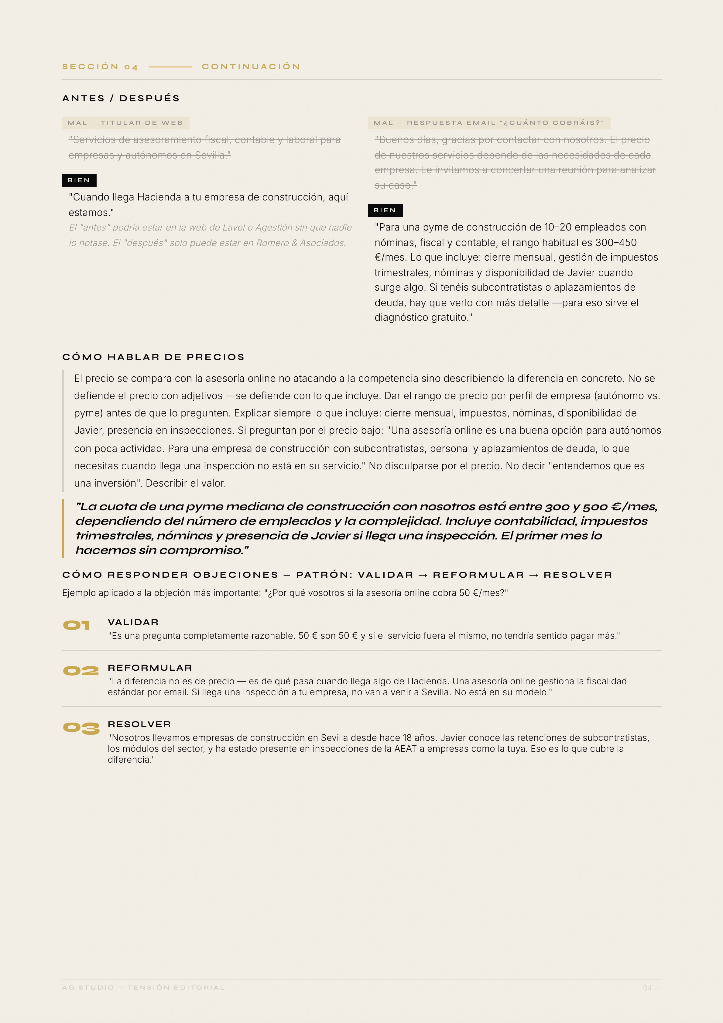 Voz y tono de marca — página interior del documento de estrategia AG Studio
