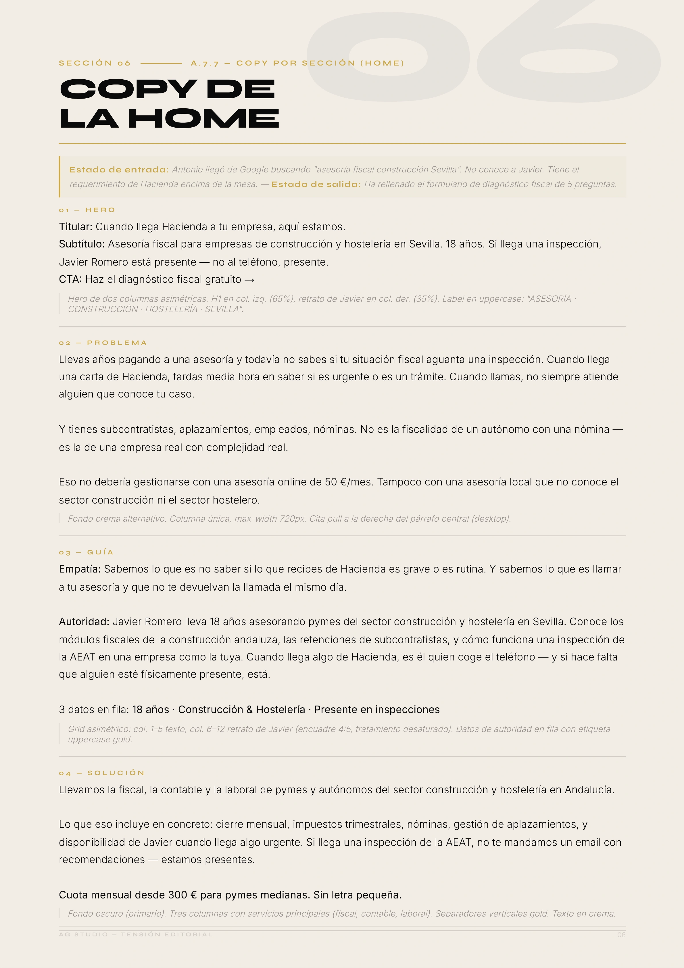Copy de la home — página interior del documento de estrategia AG Studio