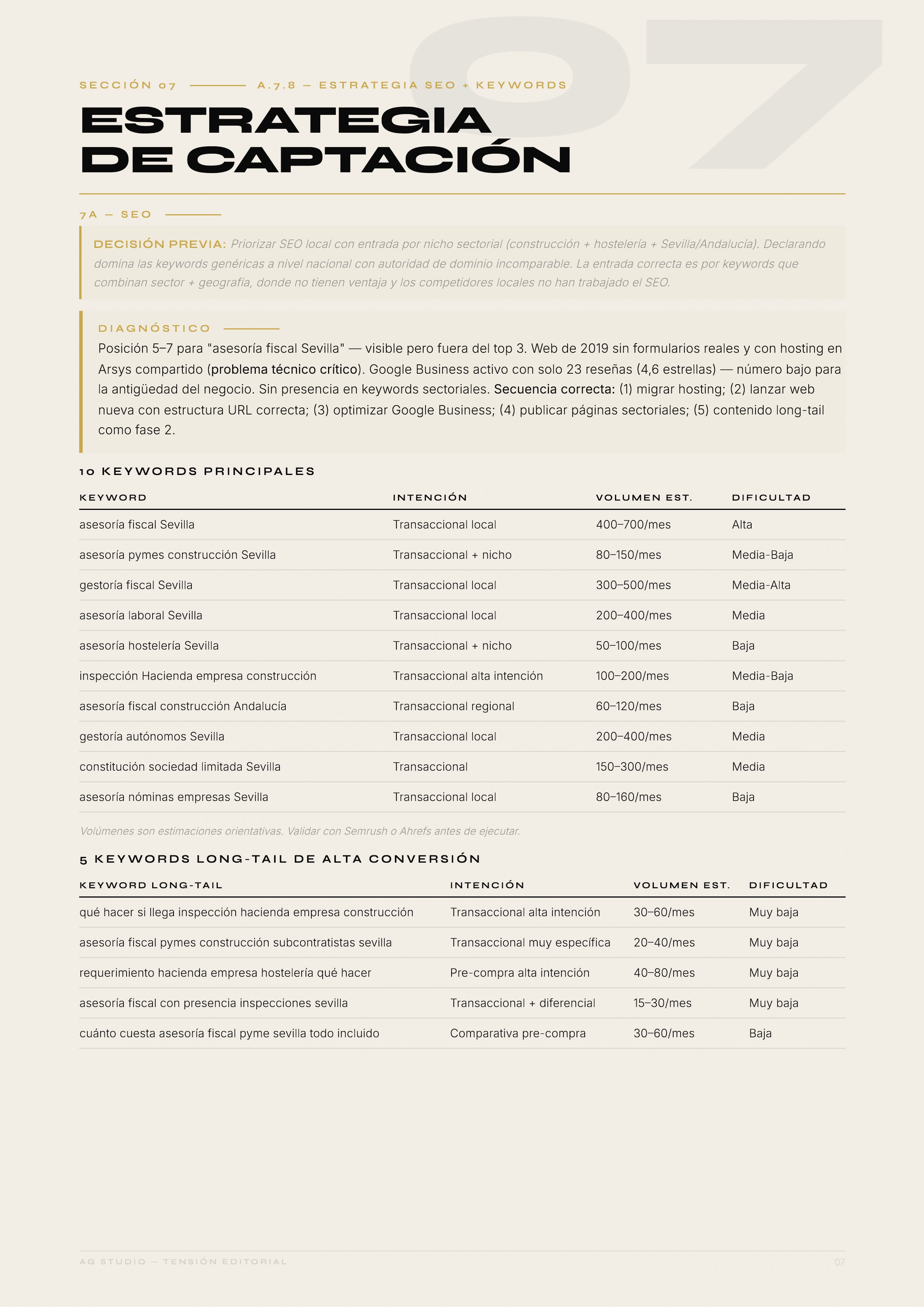 Estrategia de captación — página interior del documento de estrategia AG Studio