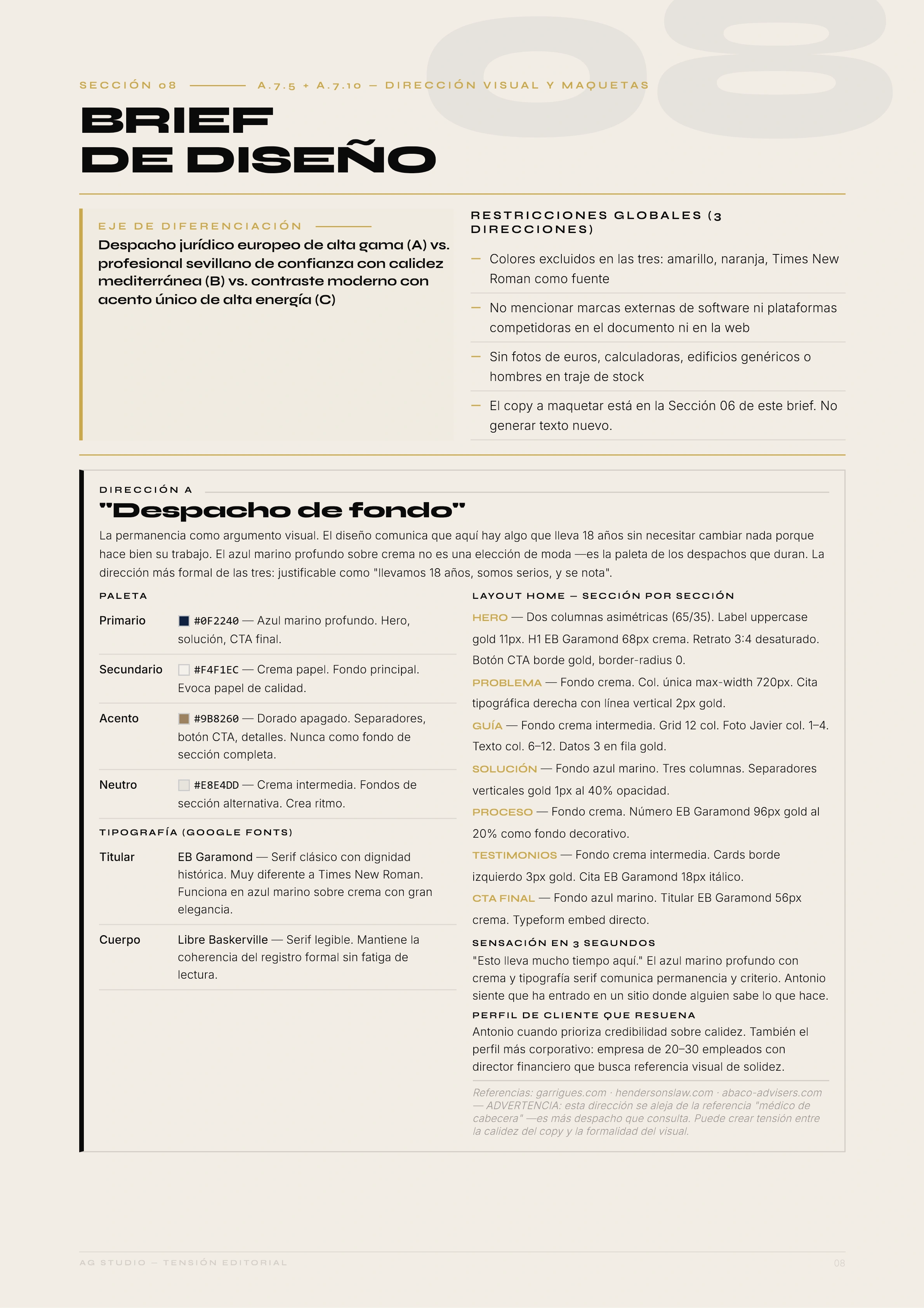 Brief de diseño — página interior del documento de estrategia AG Studio